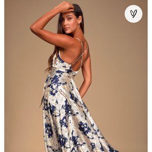 Lulu's Navy Blue Satin Floral Print Maxi Dress
